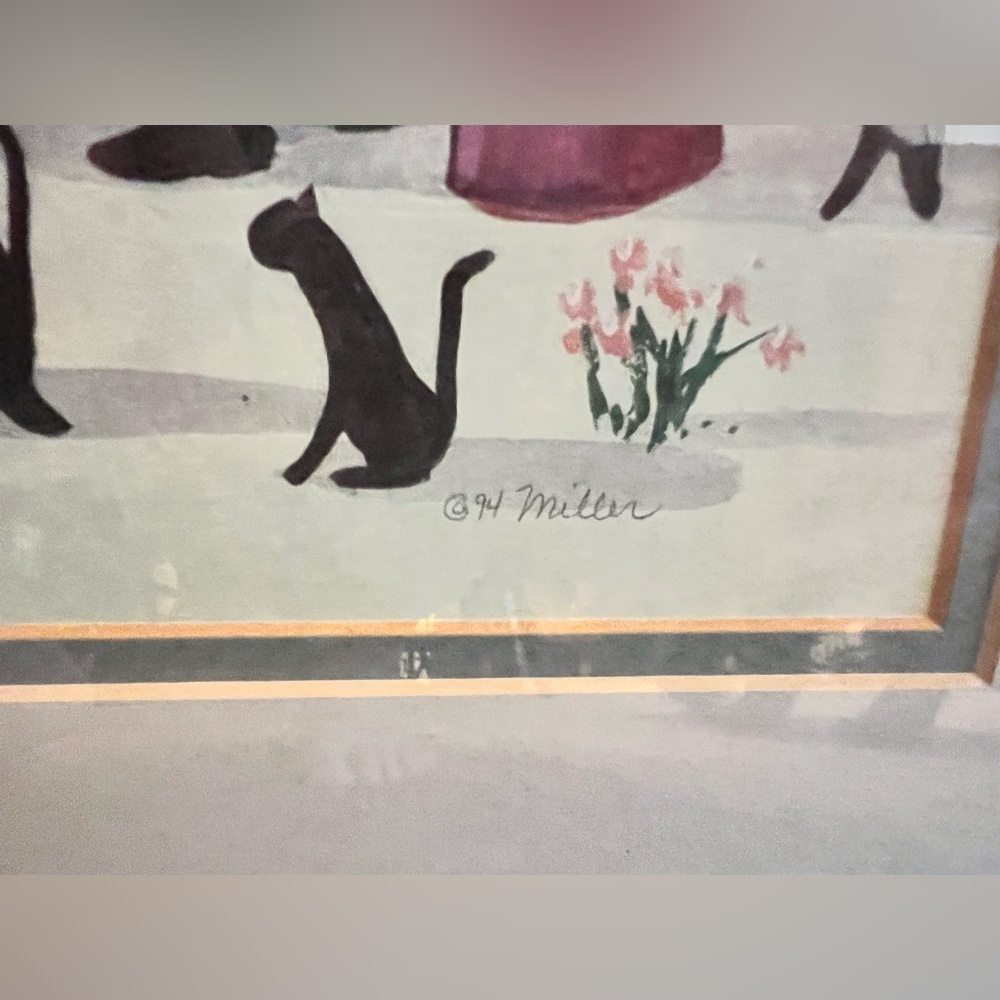 Framed Watercolor Art- Amish Quilting With Cats, Signed by Artist Miller 1994 - Picture 8 of 12